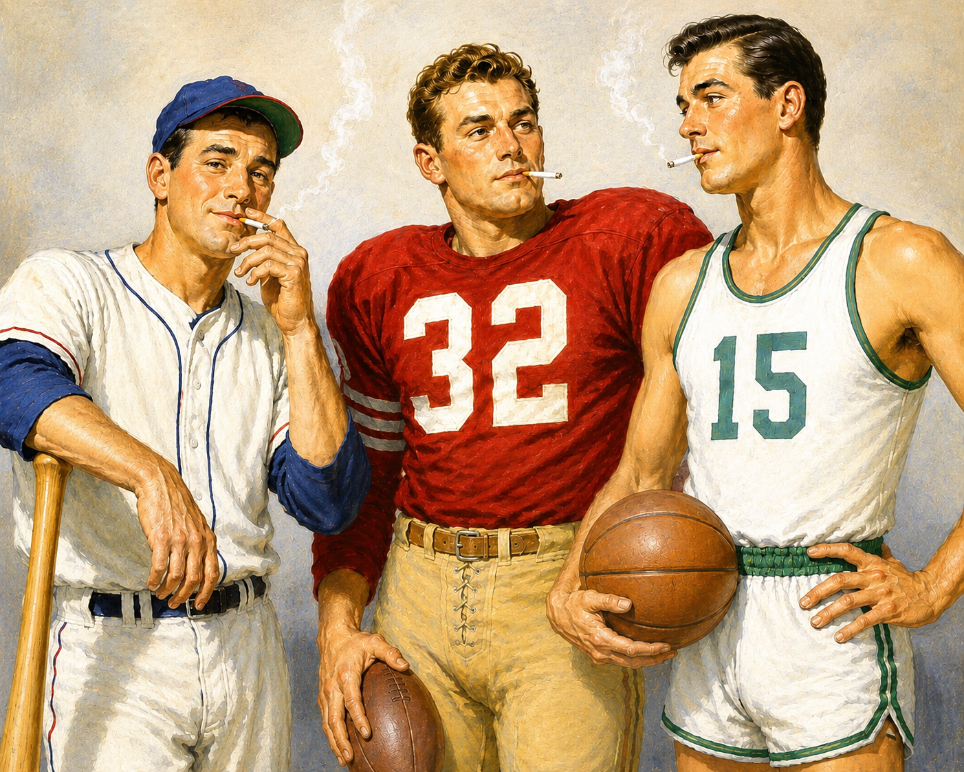 Athletes smoking cigarettes, vintage illustration