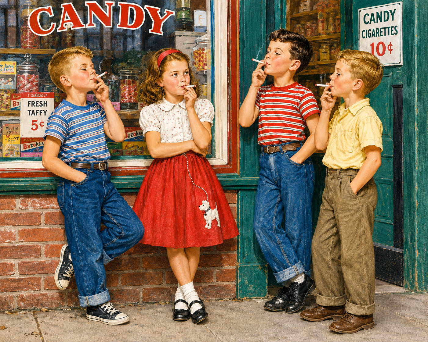 Children with candy cigarettes outside a store