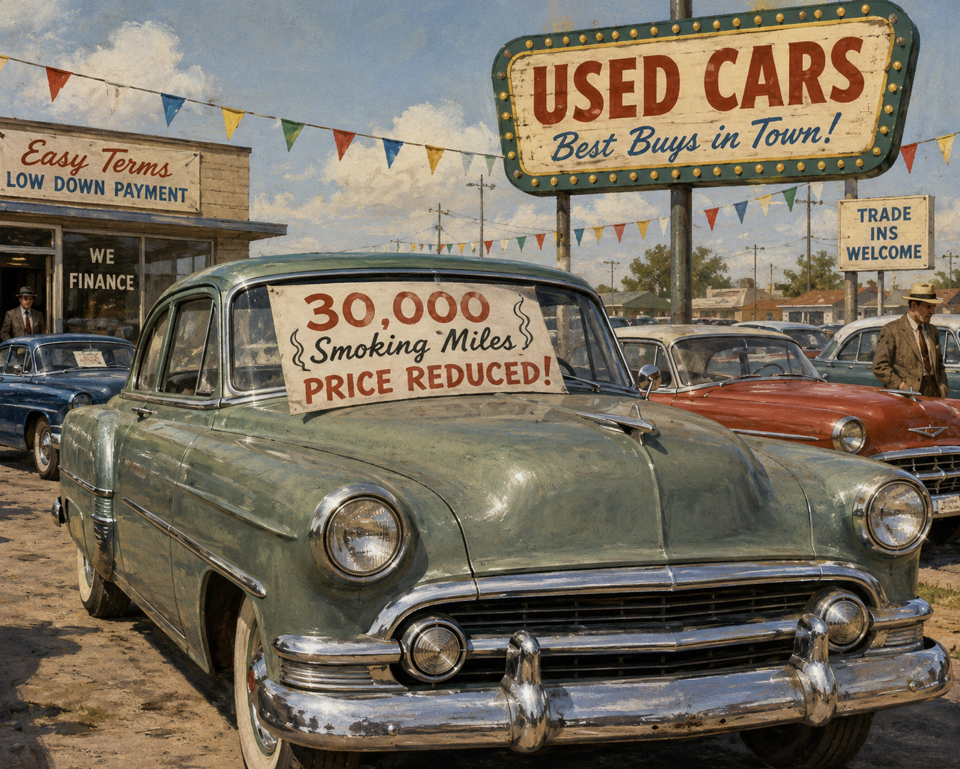 Used car lot sign referencing smoking miles