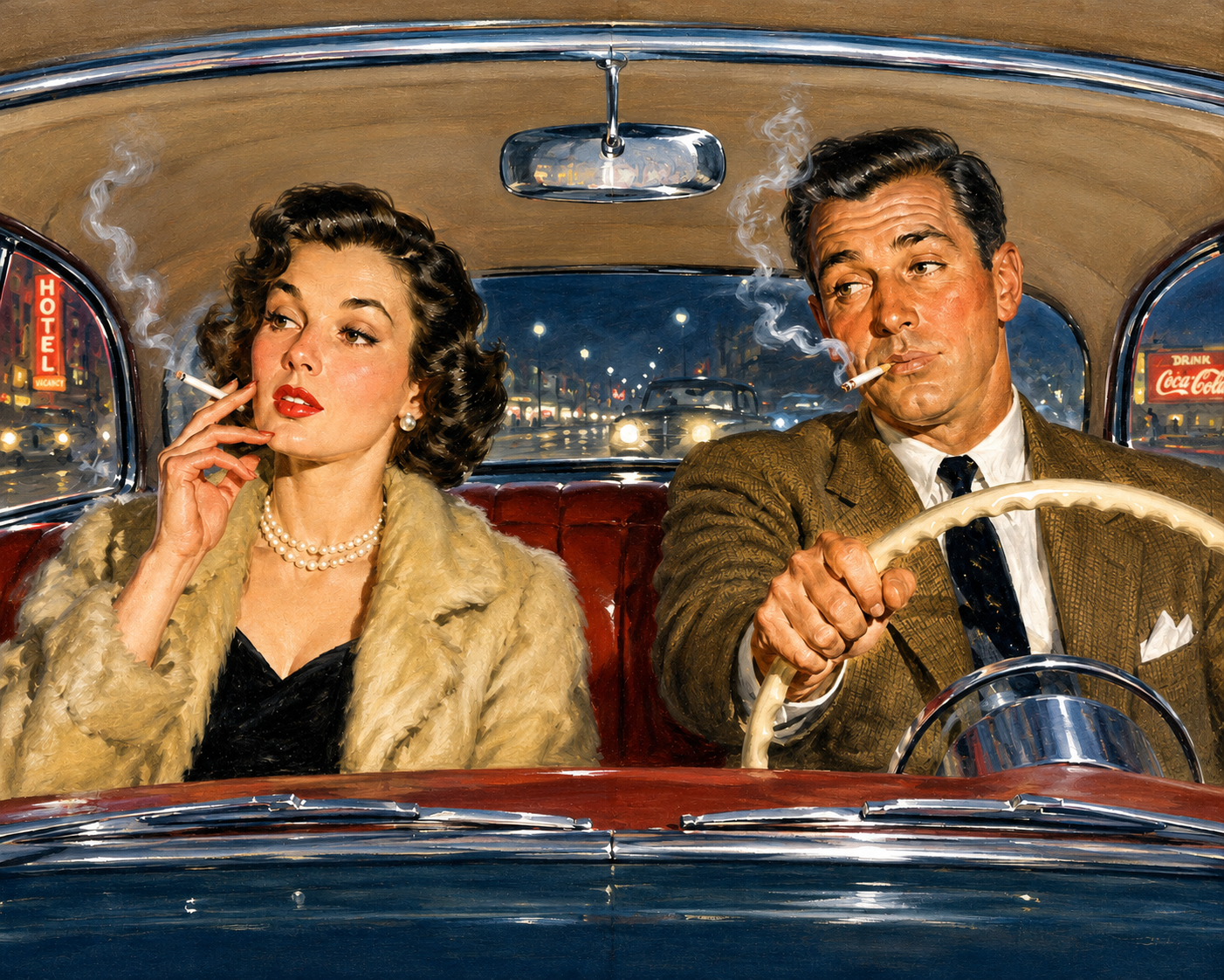Couple smoking in a car, vintage 1950s illustration