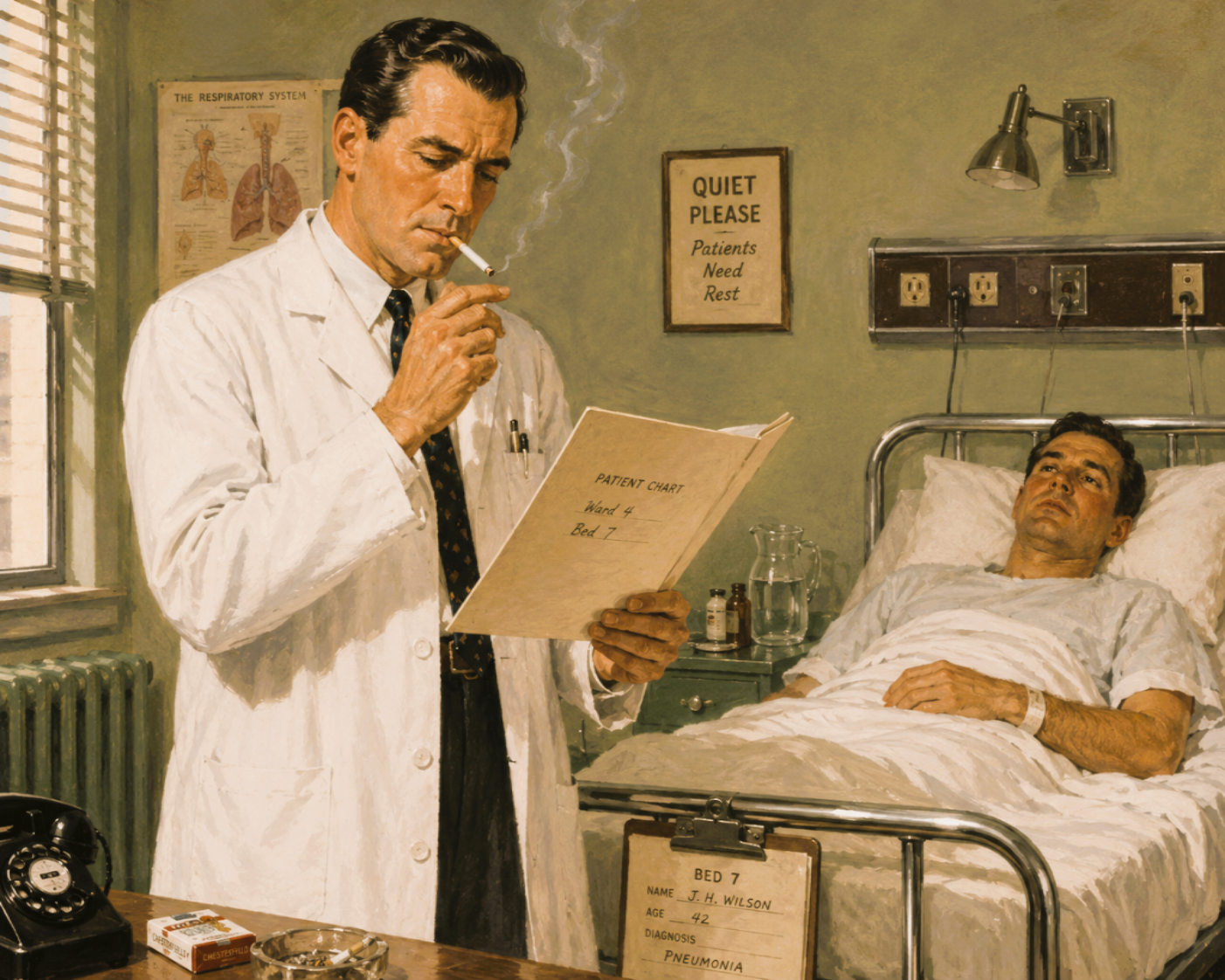 Doctor smoking while reviewing patient chart