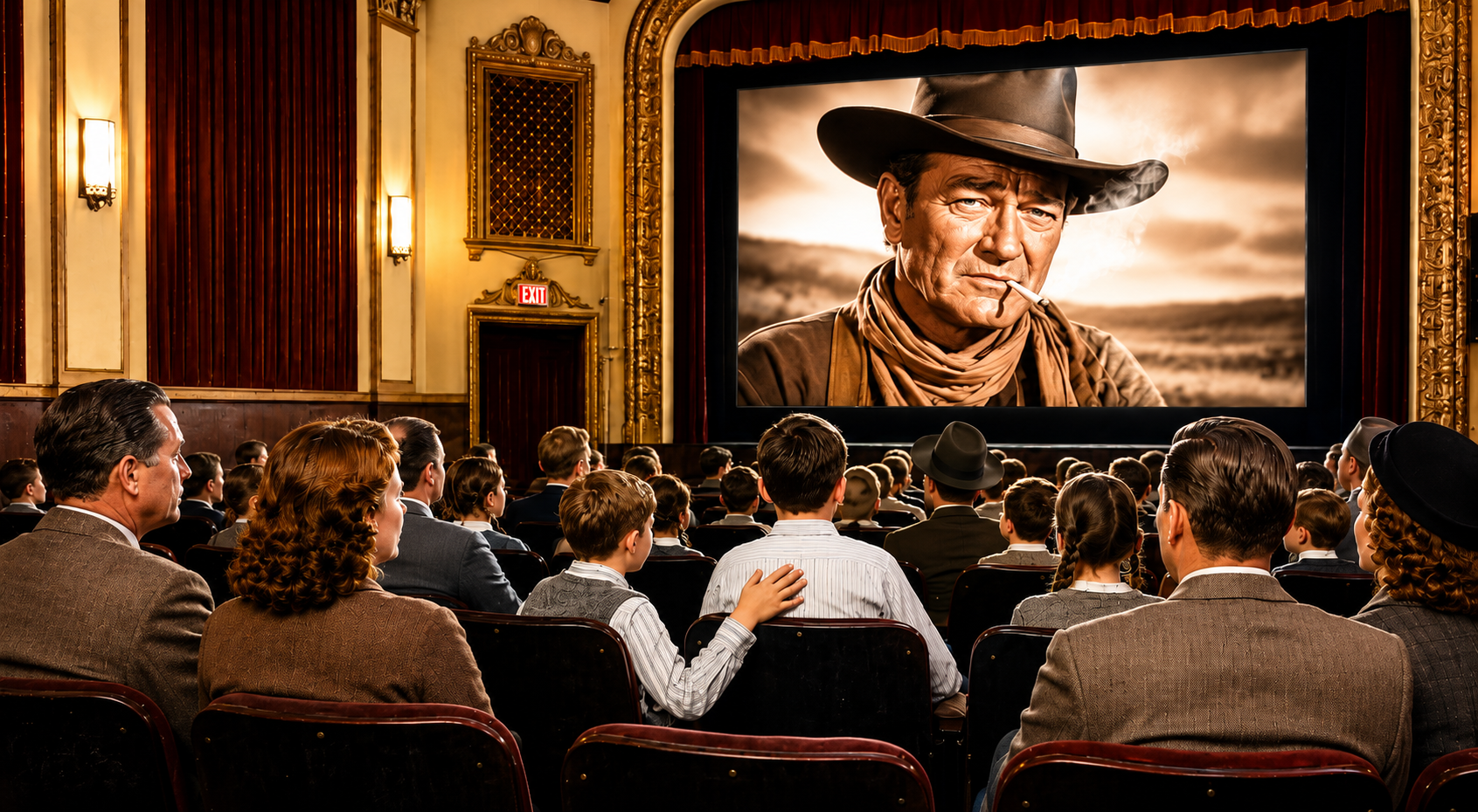 Children watching a John Wayne movie at the theater