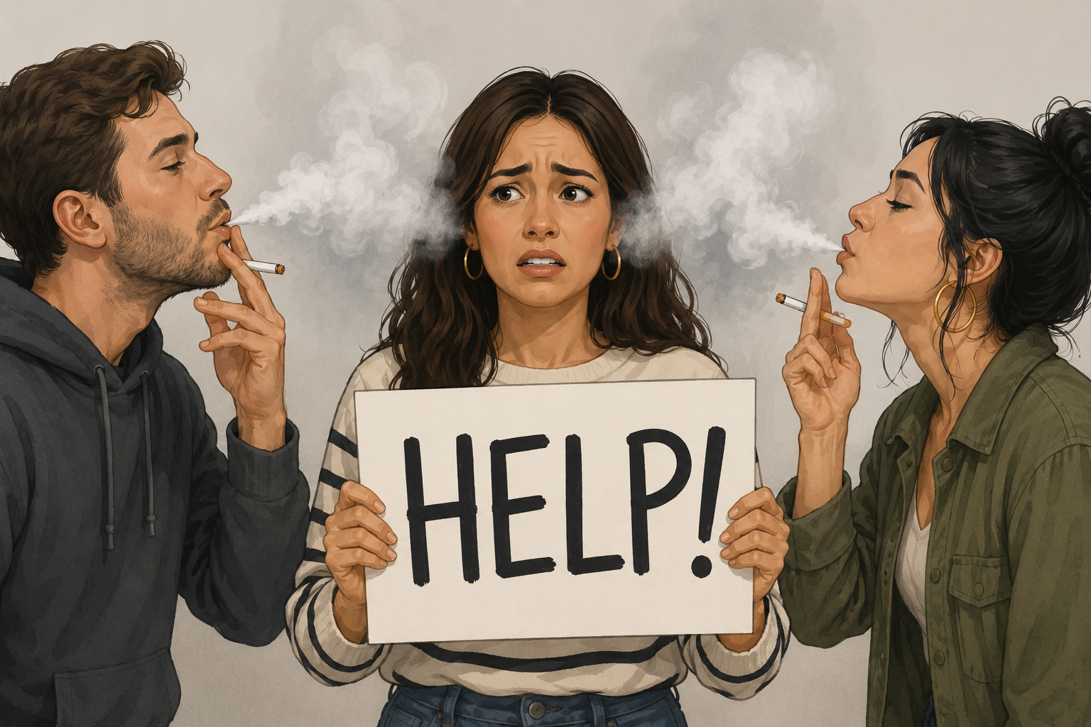 Woman holding a help sign surrounded by secondhand smoke