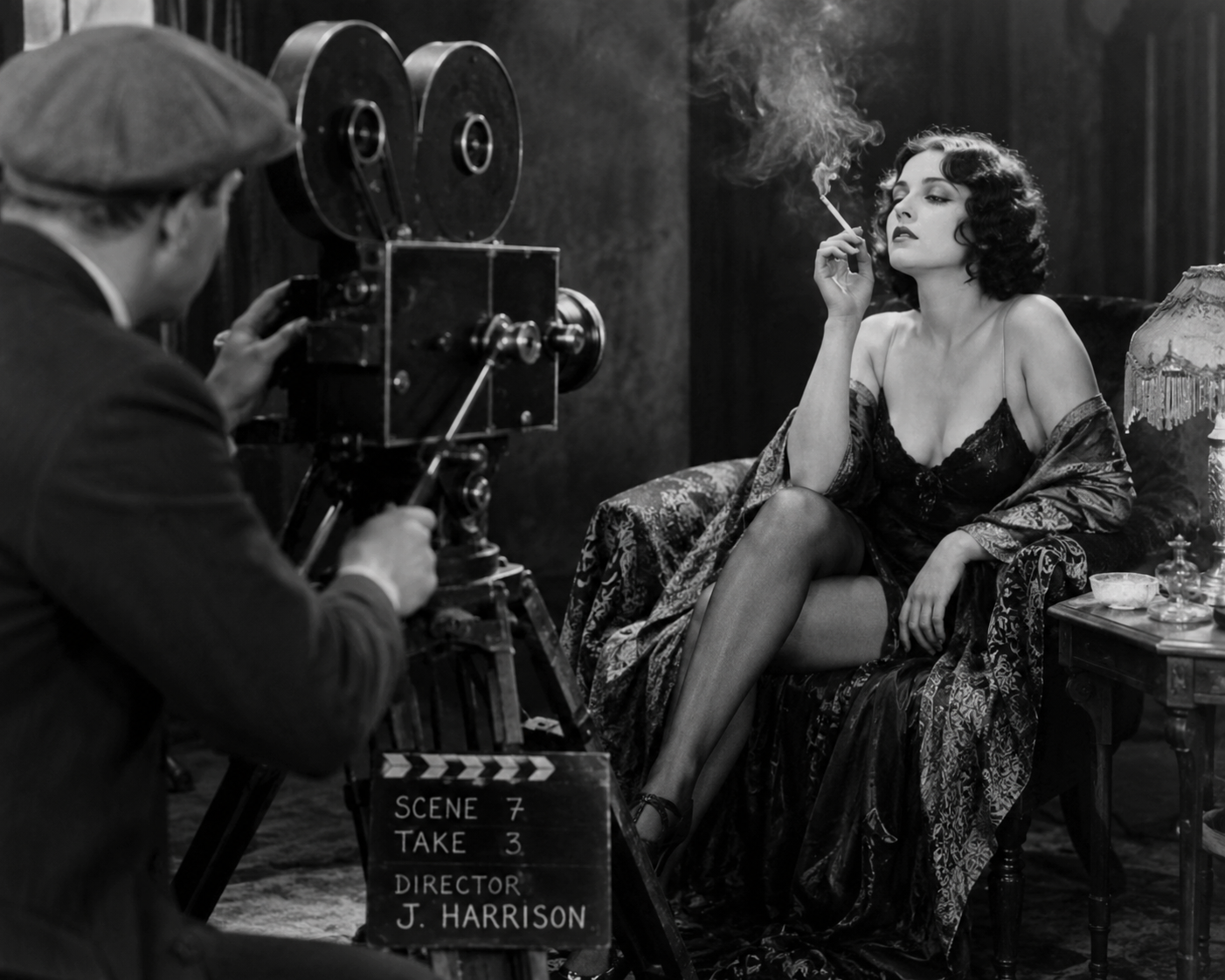 Silent film set with cameraman and woman smoking