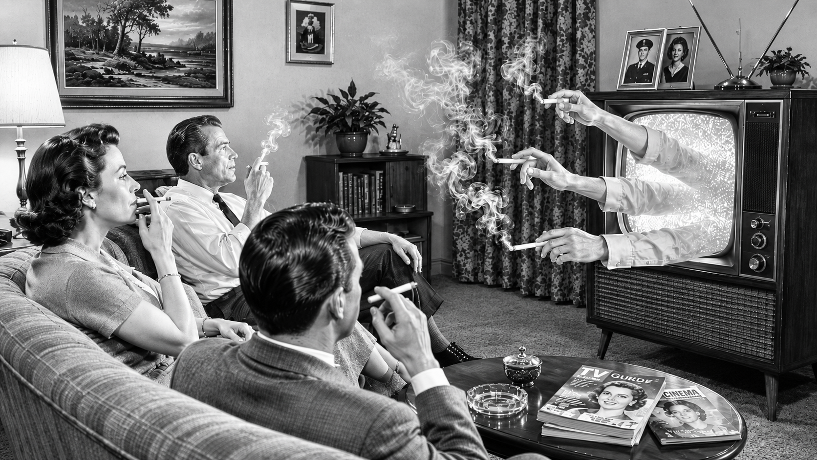 1950s family watching television, cigarettes everywhere